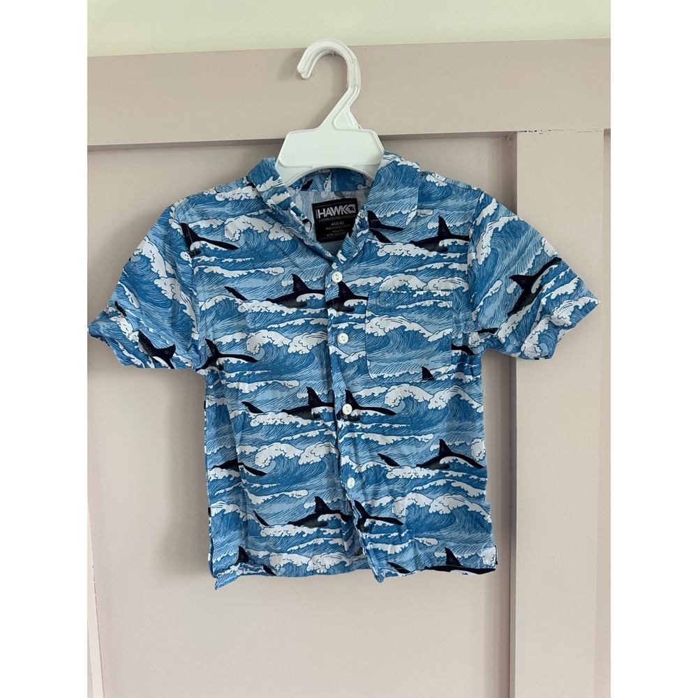 Tony Hawk Boys Blue Shark Wave Print Short Sleeve Button Up Shirt Size M 5/6